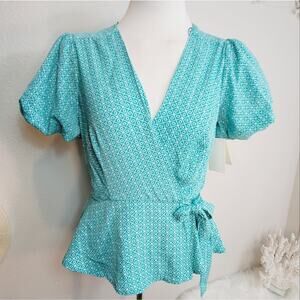 NWT MERAKI Teal Geometric Faux Wrap Peplum Blouse Top V Neck Puff Sleeve Sz: S